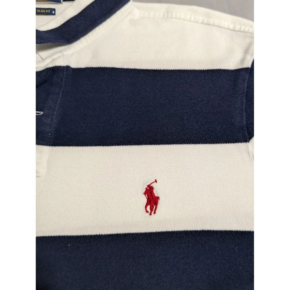 Polo Ralph Lauren Custom Slim Fit Polo Shirt Mens Large Rugby Stripe White Navy